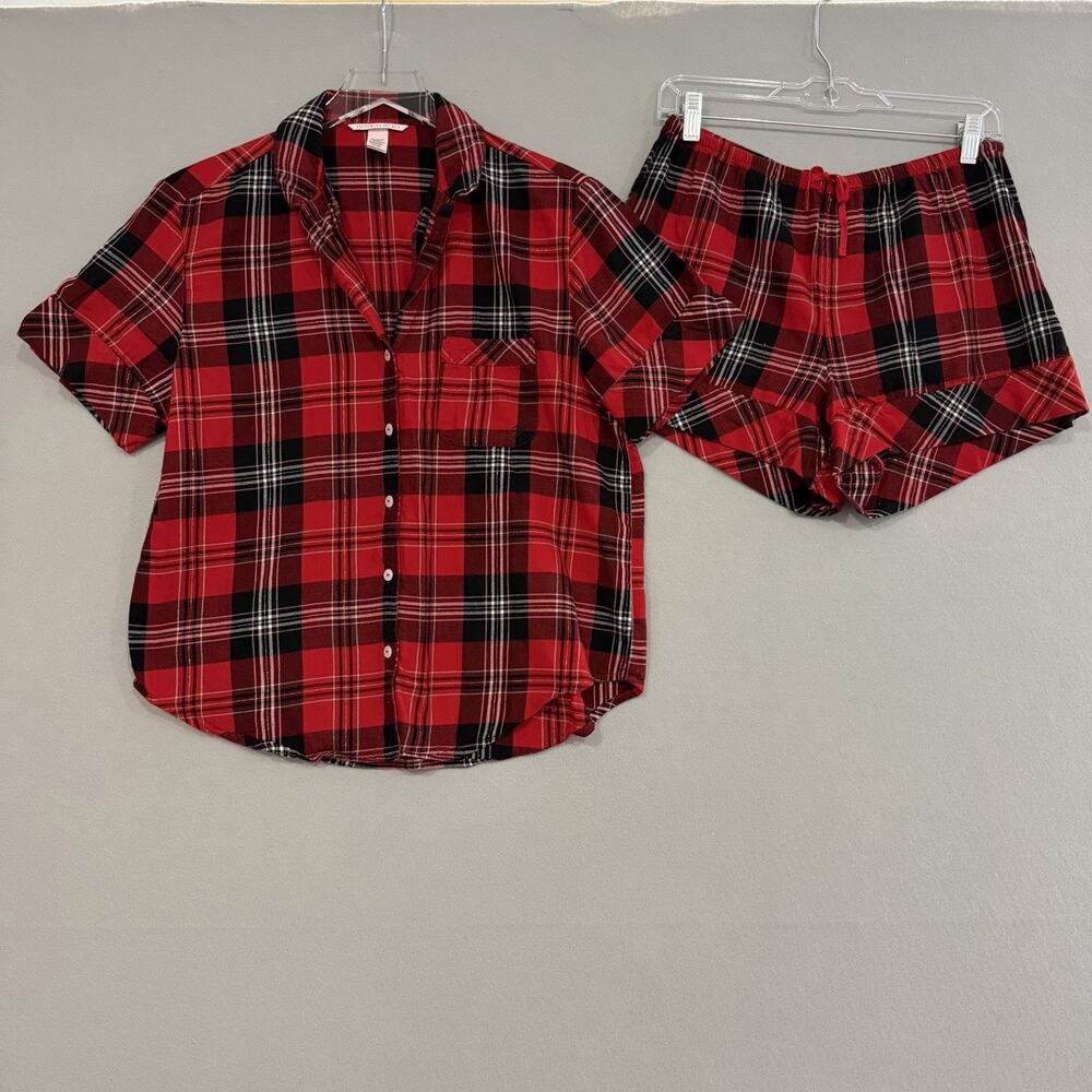 Victoria’s Secret Pajama Set Small Red Plaid Flannel Shorts Top Classic